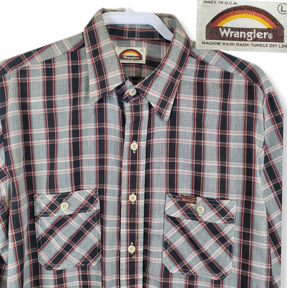 Vintage 70s Wrangler Western Plaid Pearl Snap Shirt L Mens Brown Cowboy USA